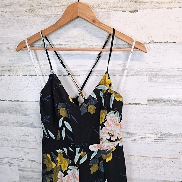 Lulus Beautiful Blooms Black Floral Print Split Wide Leg Jumpsuit Sz Small Boho - Picture 8 of 15
